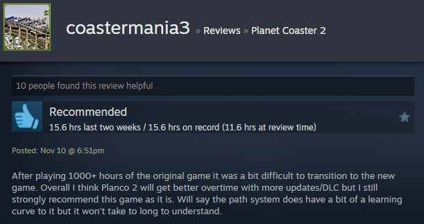 Screenshot showing Steam user reviews of Planet Coaster 2.